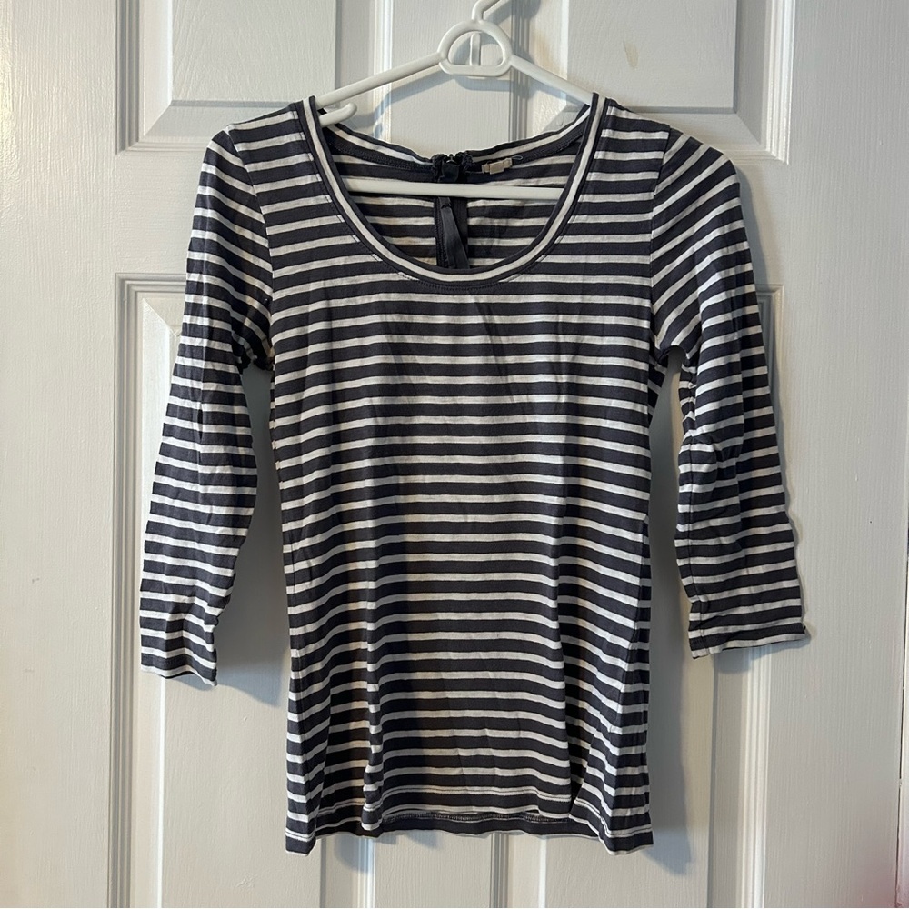 J. Crew Gray and White Stripe 3/4 Length Sleeve Tee with Zip Accent